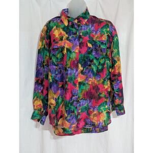 VTG 80s SILTERO Colorful Floral 100% Silk Blouse Sz M